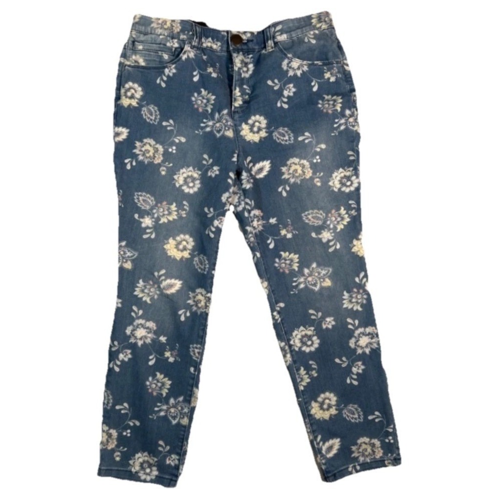 Christopher Banks Jeans Sz 10P Blue Denim Floral Pull On Comfort Fit Casual